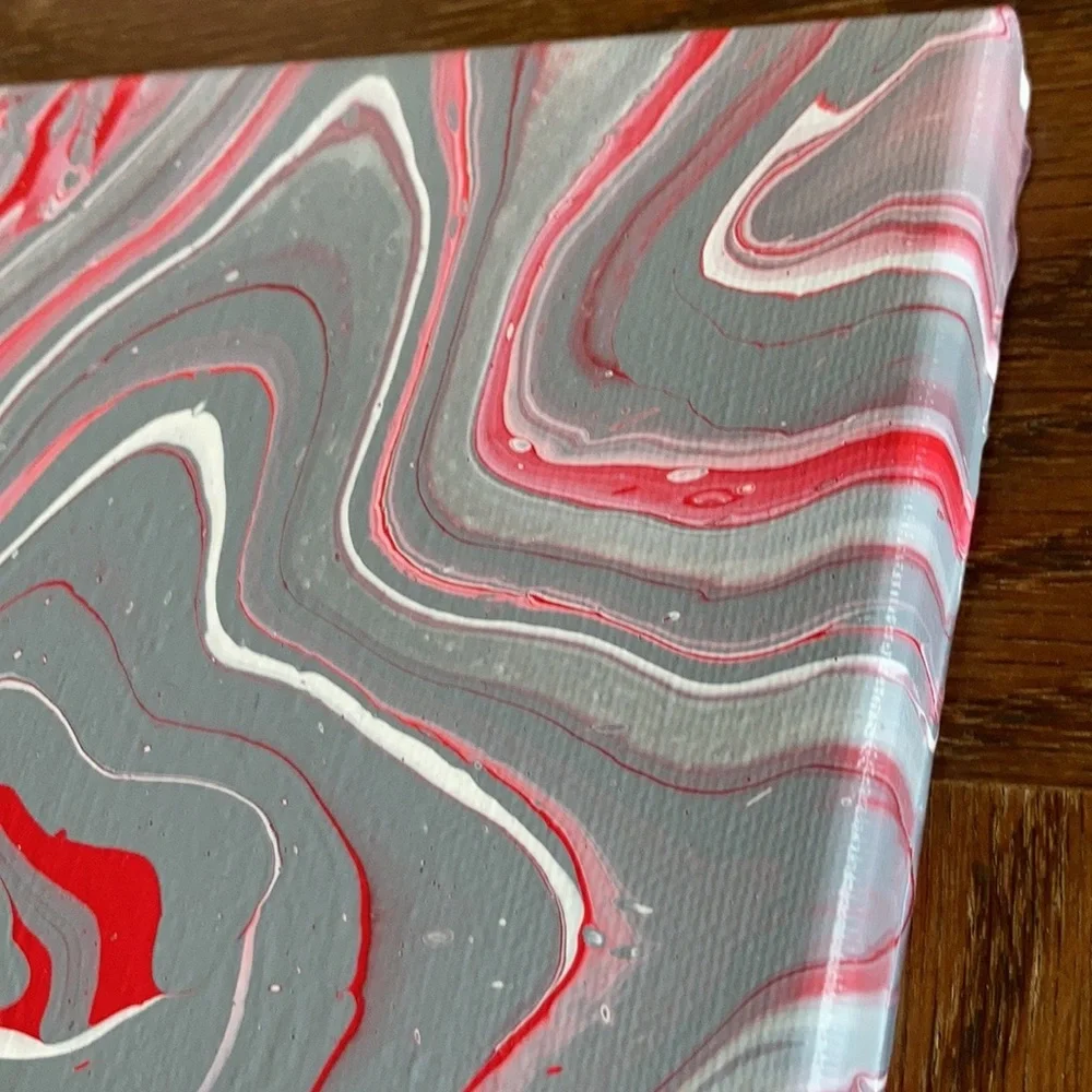 Handmade pour painting art NEW red grey white 8”x10”
